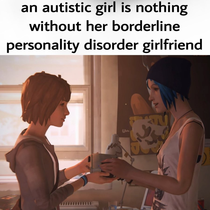 a meme with the caption saying "an autistic girl is nothing without her borderline personality disorder girlfriend". underneath the caption, there is a video game screenshot of two girls in a room, the one on the left side of the screen is holding a cup, about to give it to thr girl on the right side of the screen